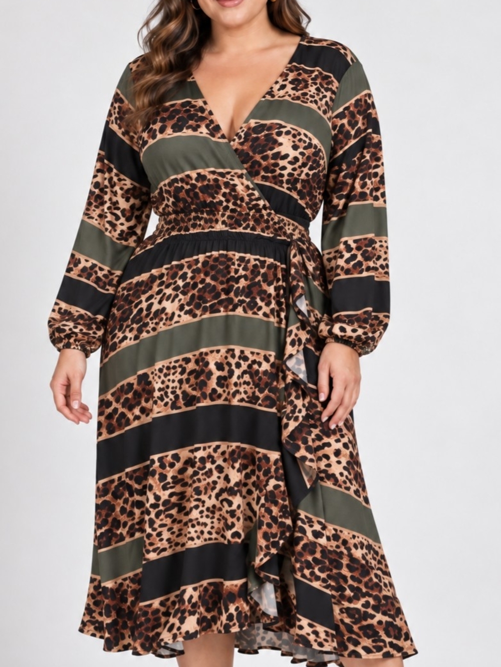 Ashley Stewart Leopard Stripe Smocked Waist Ruffle Midi Dress